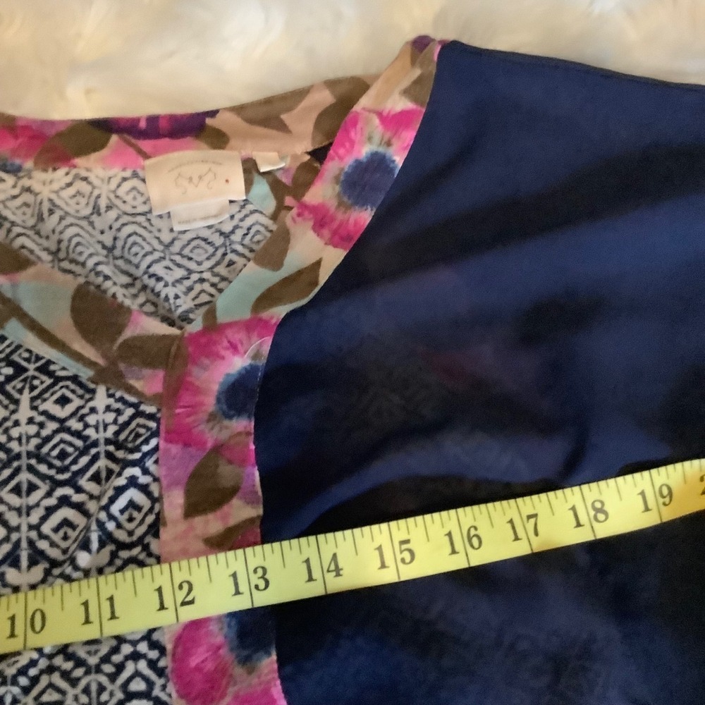 Vanessa Virginia Anthropologie Mixed Print Blouse Floral Ikat Asymmetric Navy S - Picture 13 of 15